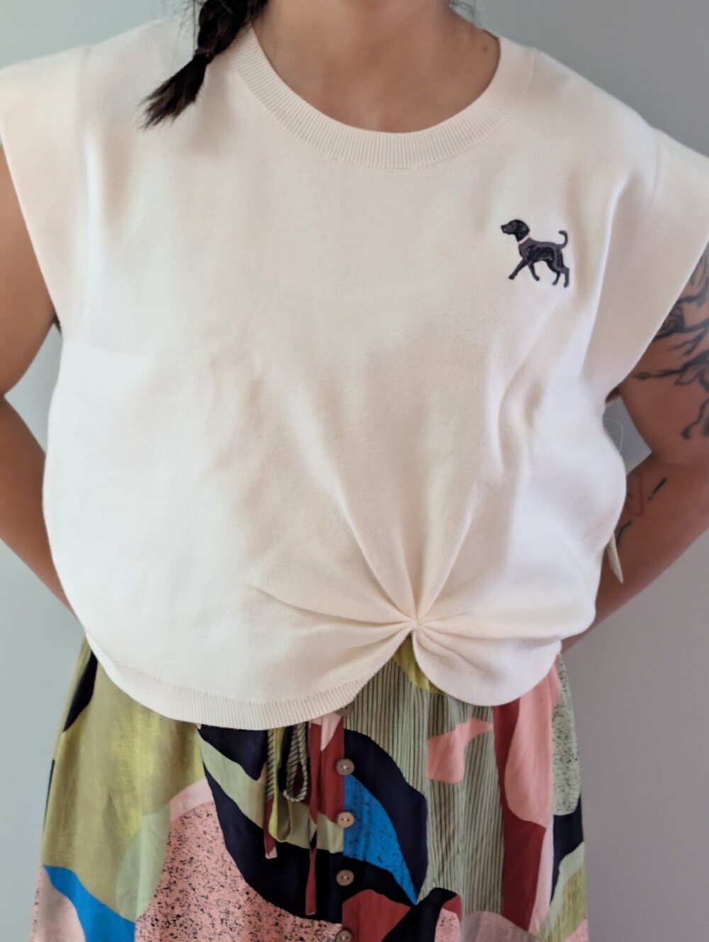 Anthropologie Cream Knot-Front Sweater Tank with Black Dog Embroidery